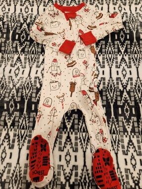 Honest Company Red & Cream Holiday Print Footed One-Piece, Size 24M